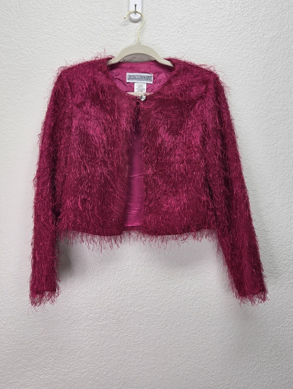 VTG Jessica Howard Fuchsia Pink Shaggy Faux Fur Crop Jacket Evening Coat S Shag